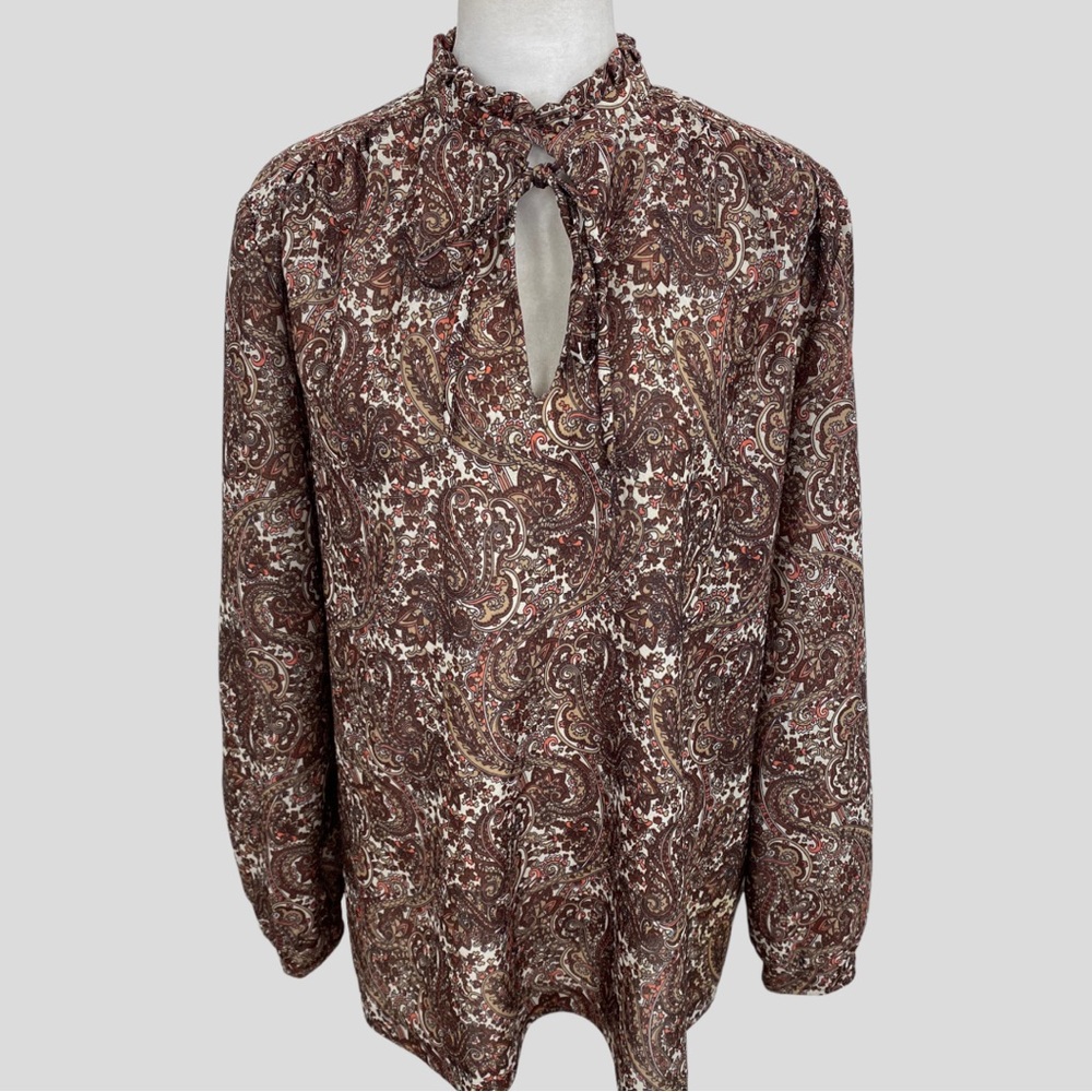 Vintage Fire Islander Brown Paisley Print Tie Neck Blouse